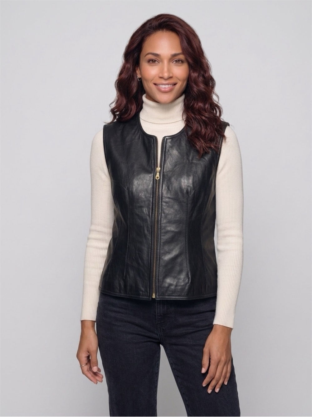 Lord & Taylor Vintage Black 100% Lambskin Leather Zip Front Vest Size L